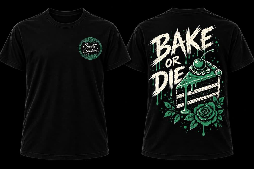 Front and back of the black Sweet Sophie's Bake or Die tee, featuring a green cake slice and roses